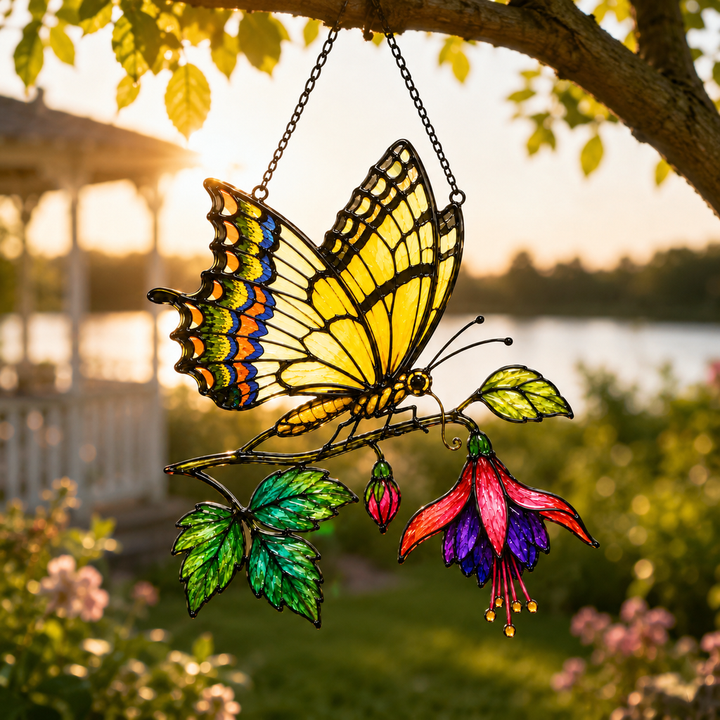 Swallowtail butterfly fuchsia suncatcher in a garden at golden hour