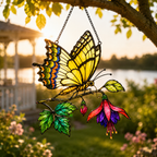 Swallowtail butterfly fuchsia suncatcher in a garden at golden hour