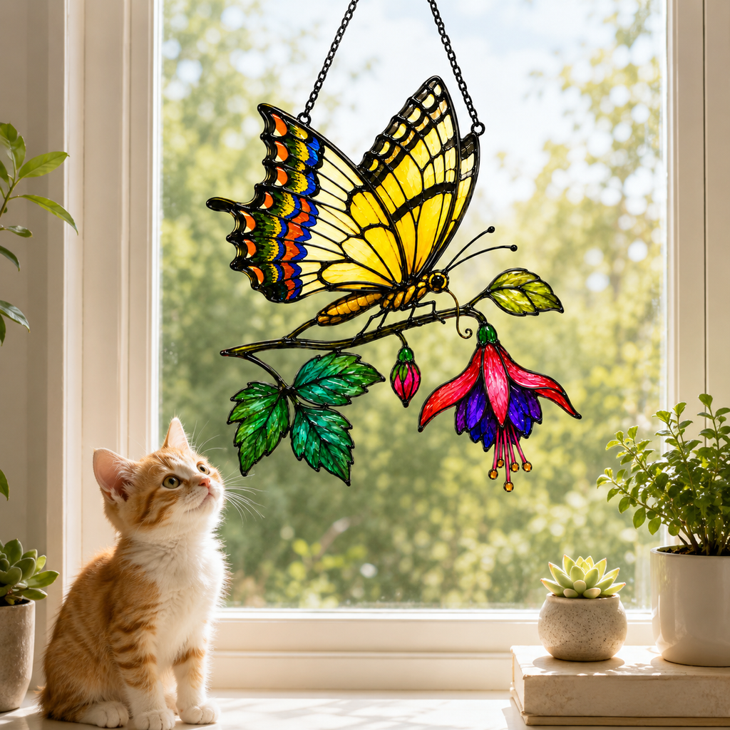 Cat admiring swallowtail butterfly fuchsia suncatcher on a windowsill