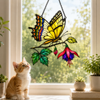 Cat admiring swallowtail butterfly fuchsia suncatcher on a windowsill