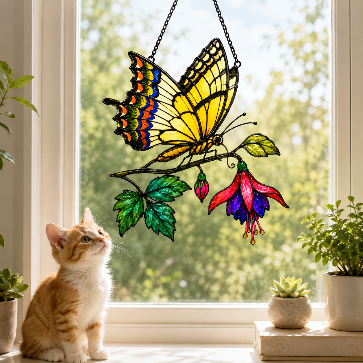 Cat admiring swallowtail butterfly fuchsia suncatcher on a windowsill