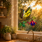 Swallowtail butterfly fuchsia suncatcher above a kitchen window