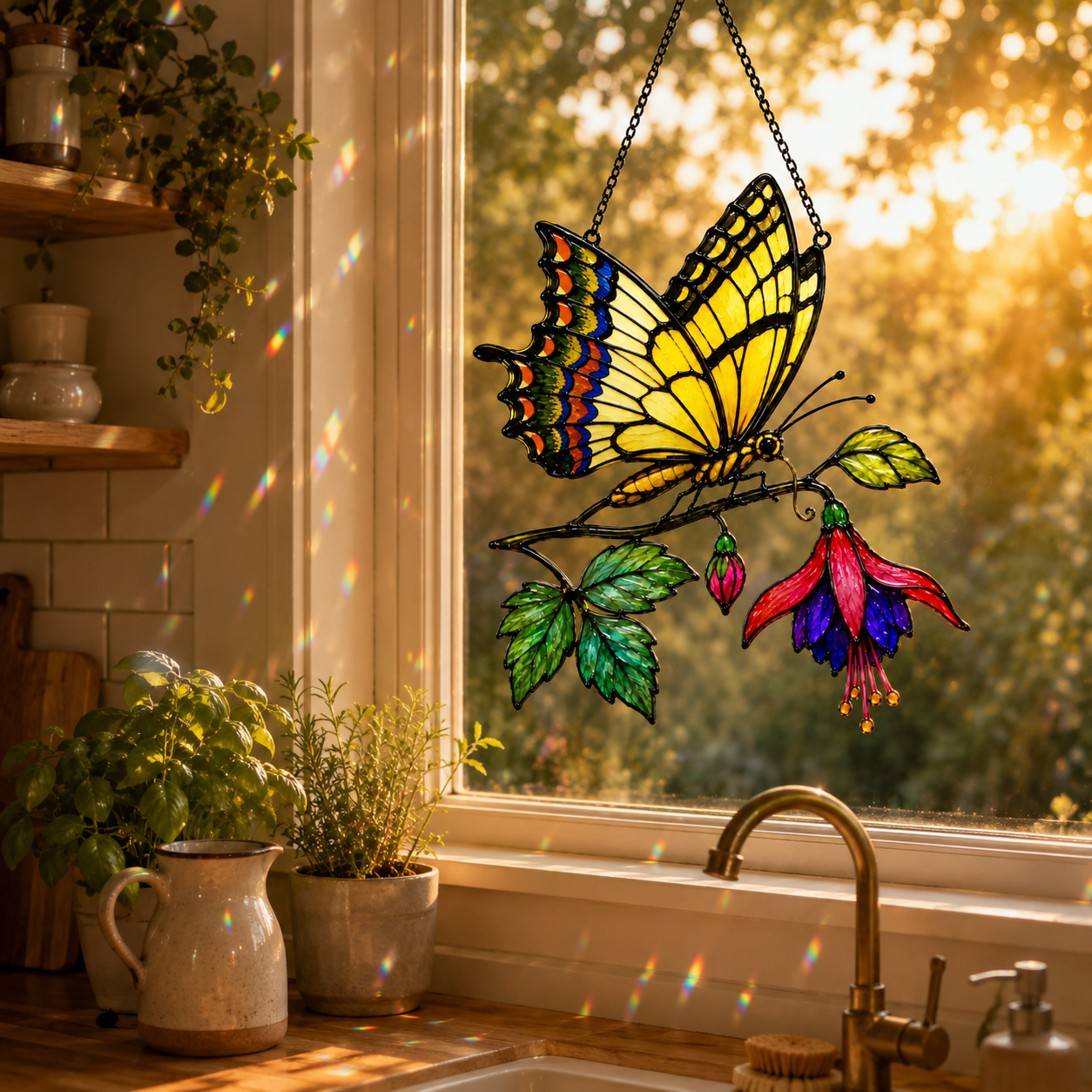 Swallowtail butterfly fuchsia suncatcher above a kitchen window