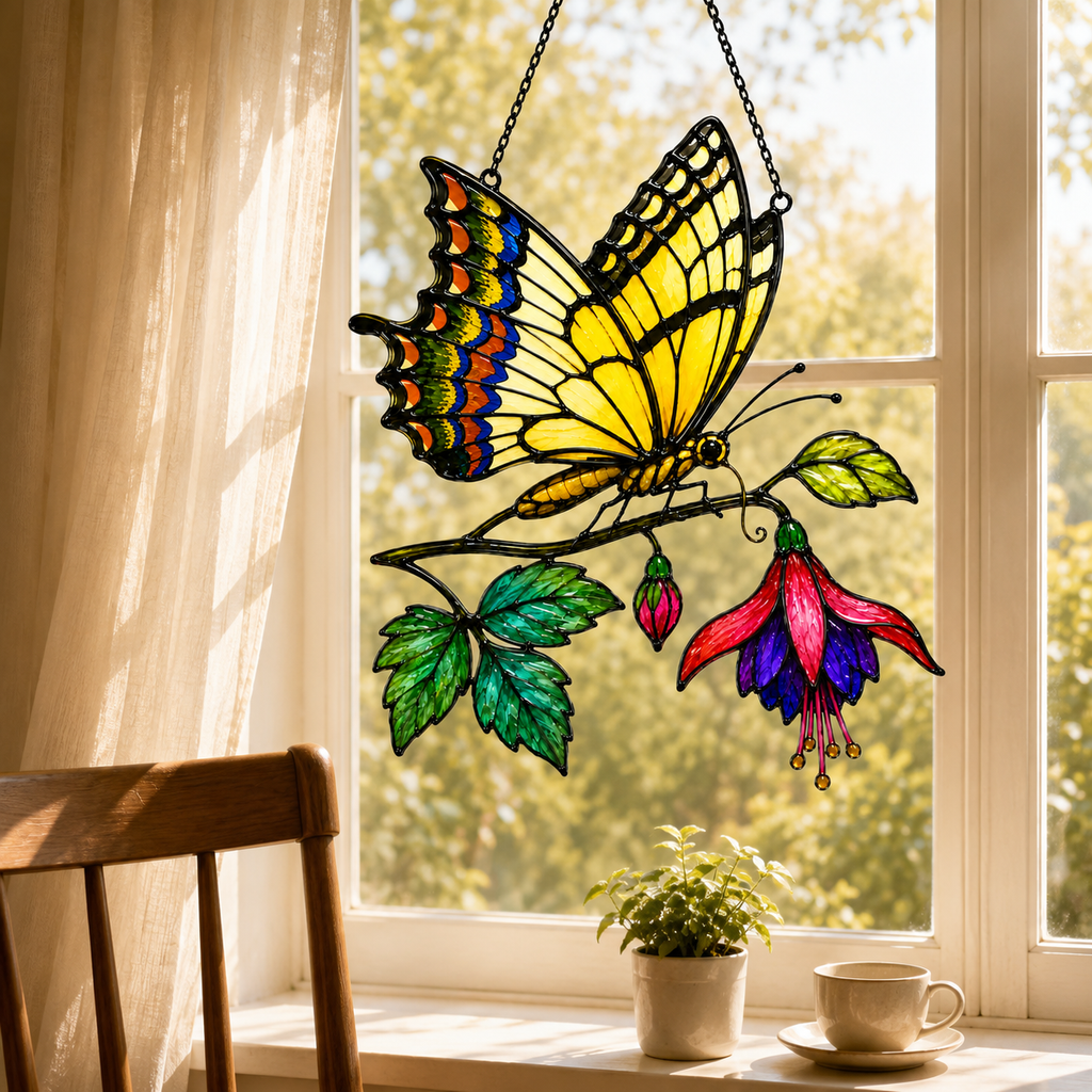 Swallowtail butterfly fuchsia suncatcher in a bright living room window