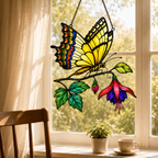 Swallowtail butterfly fuchsia suncatcher in a bright living room window