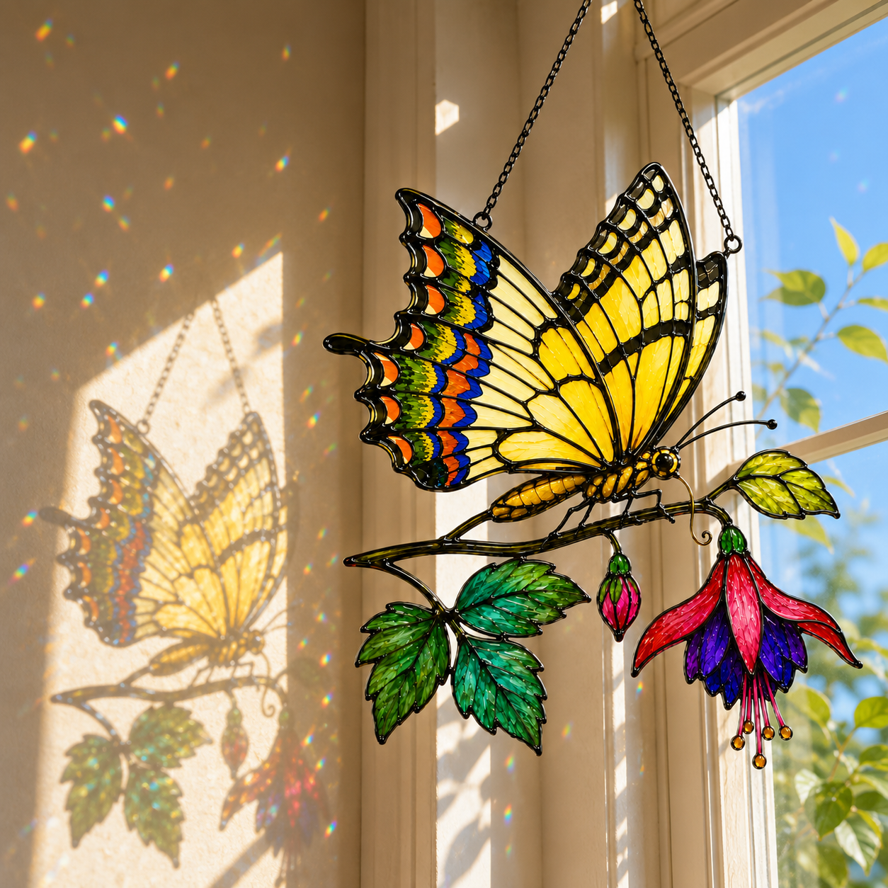 Swallowtail butterfly fuchsia suncatcher casting colorful shadows