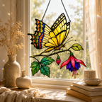 Swallowtail butterfly fuchsia suncatcher with dried flowers decor