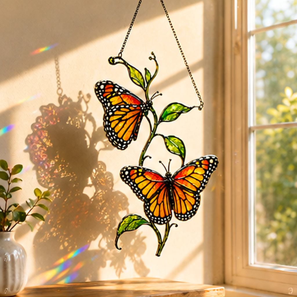 Twin monarch butterflies and green vine holographic acrylic suncatcher in a sunlit window
