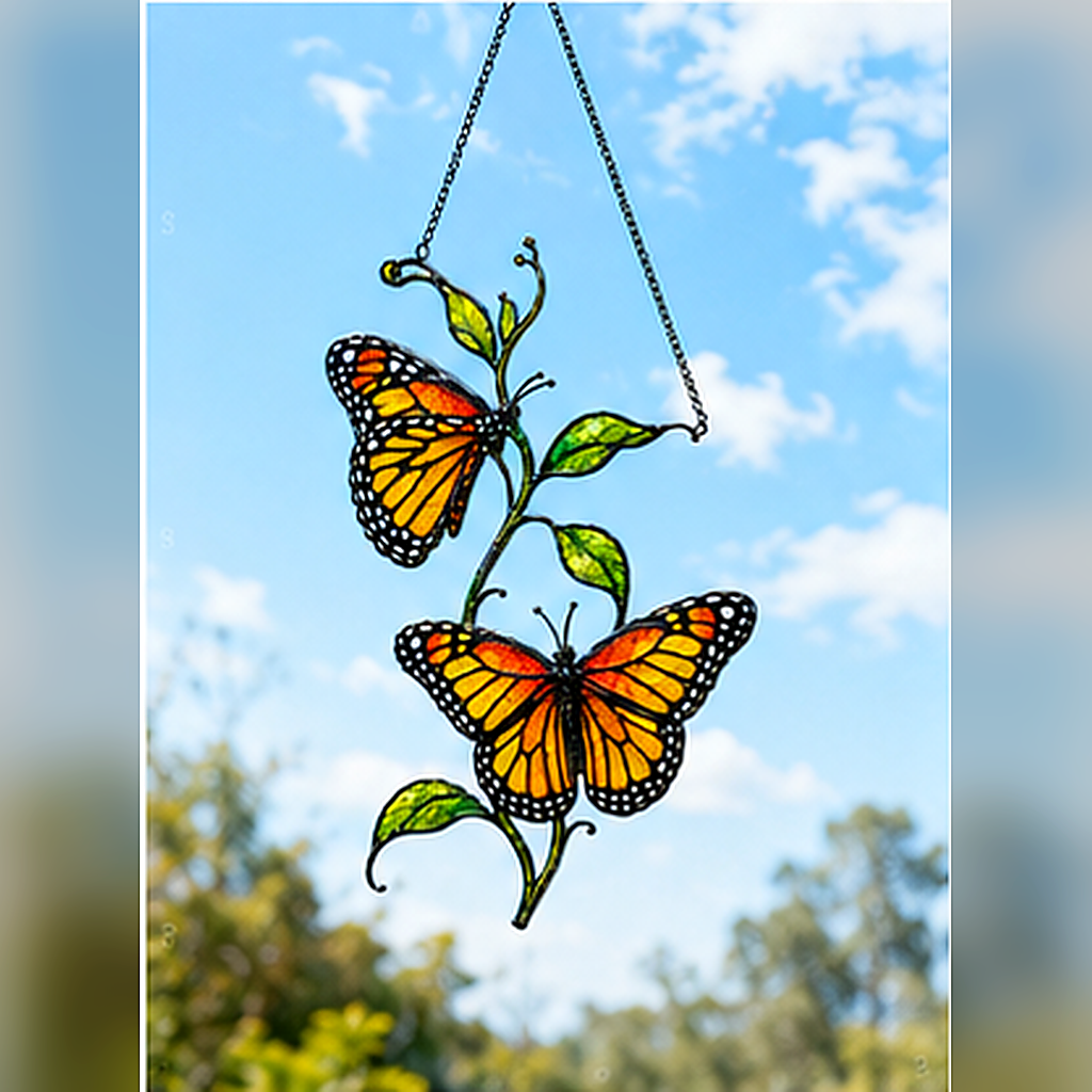 Twin monarch butterflies suncatcher against a blue sky