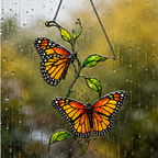 Twin monarch butterflies suncatcher on a rainy window