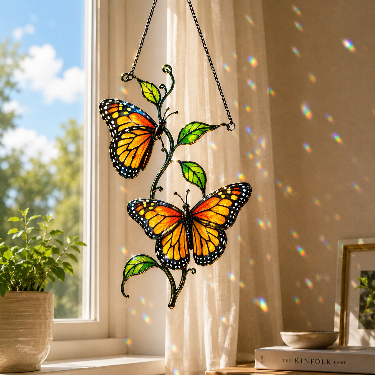 Twin monarch butterflies suncatcher with rainbow sparkles