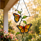 Twin monarch butterflies suncatcher on a porch with flowers