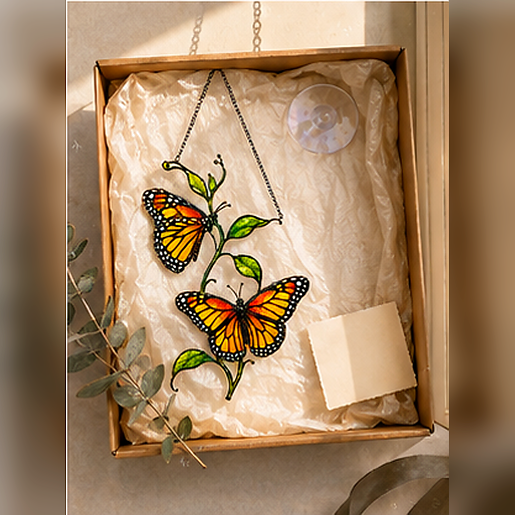 Twin monarch butterflies suncatcher gift box packaging