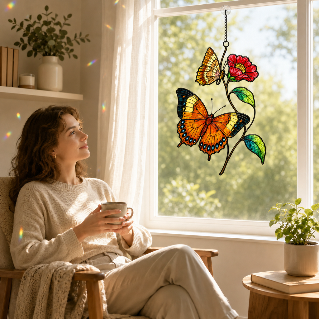 Orange butterflies red blossom suncatcher by a cozy reading window