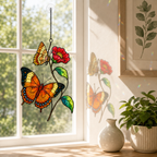 Orange butterflies red blossom suncatcher casting soft shadows