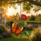 Orange butterflies red blossom suncatcher in a garden at sunset