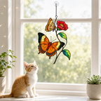 Cat admiring orange butterflies red blossom suncatcher on a windowsill