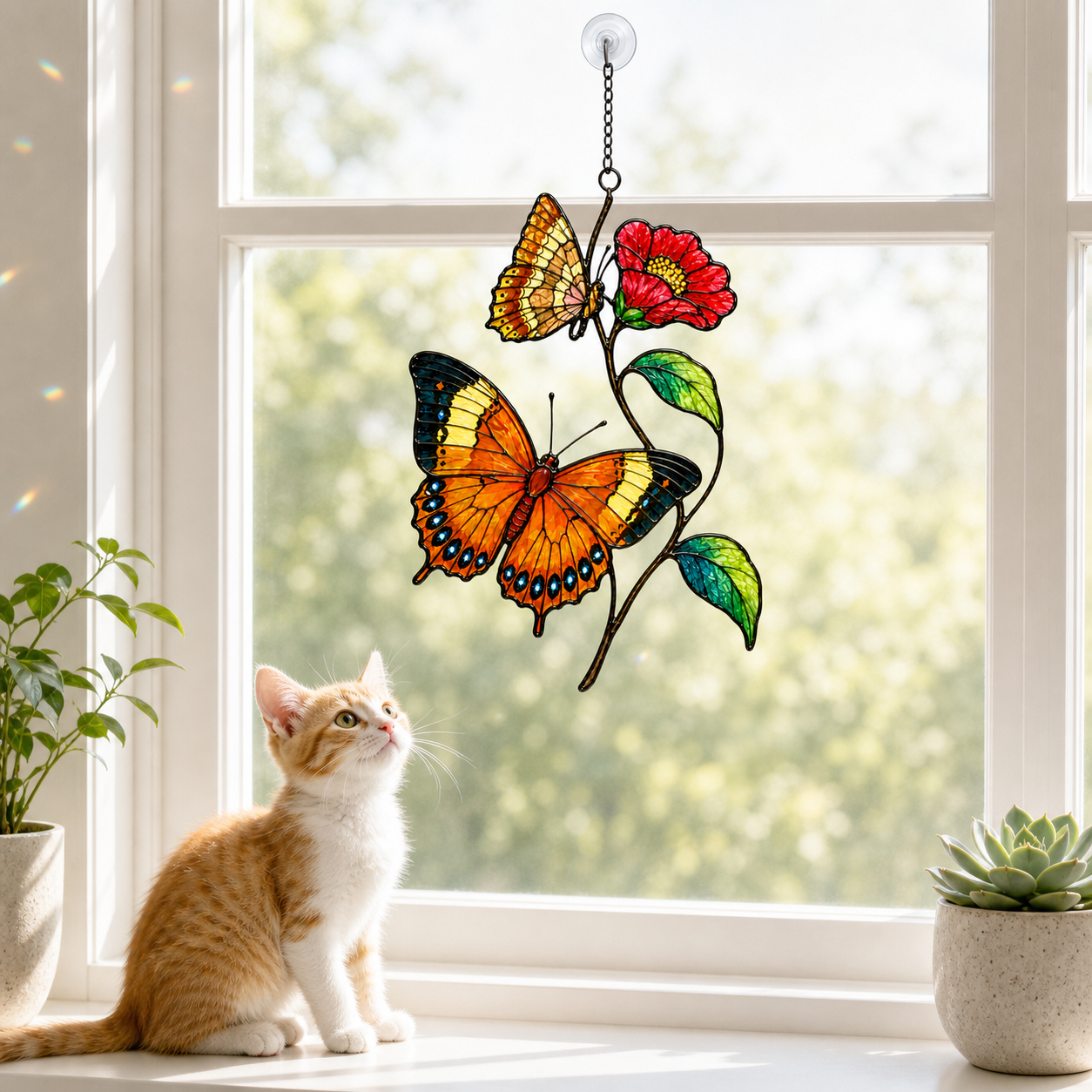 Cat admiring orange butterflies red blossom suncatcher on a windowsill