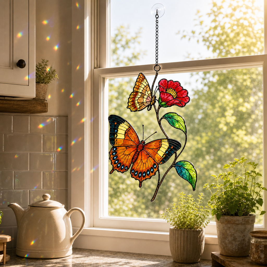 Orange butterflies red blossom suncatcher above a kitchen window