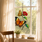 Orange butterflies red blossom suncatcher with sheer curtains