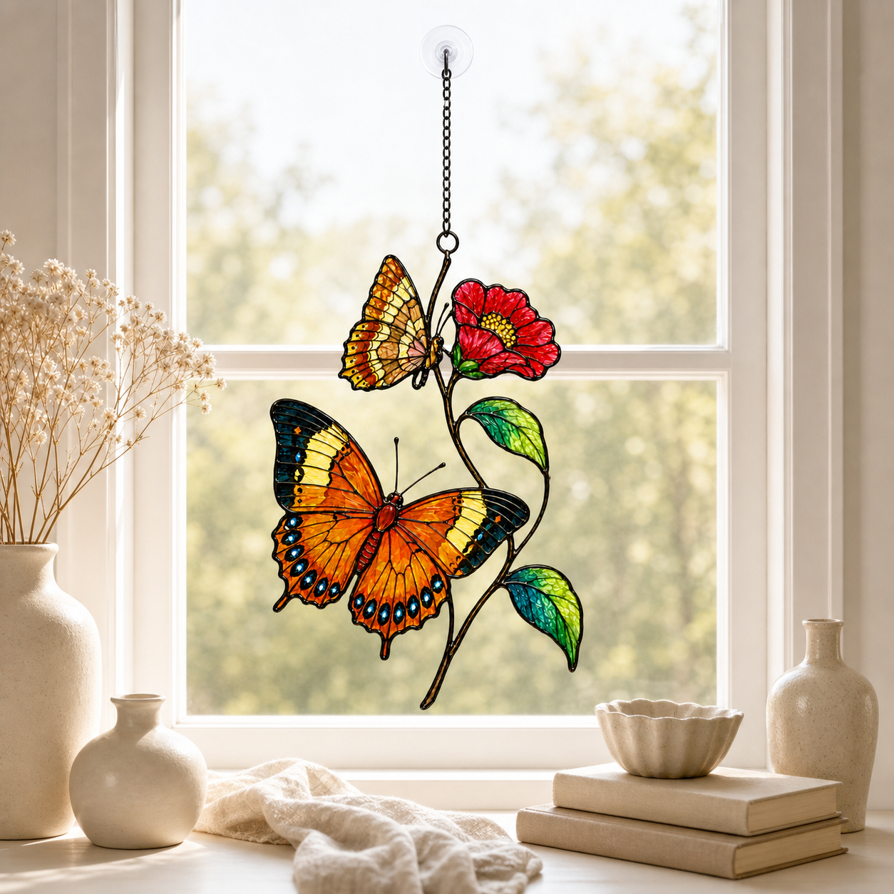 Orange butterflies red blossom suncatcher with books and ceramics