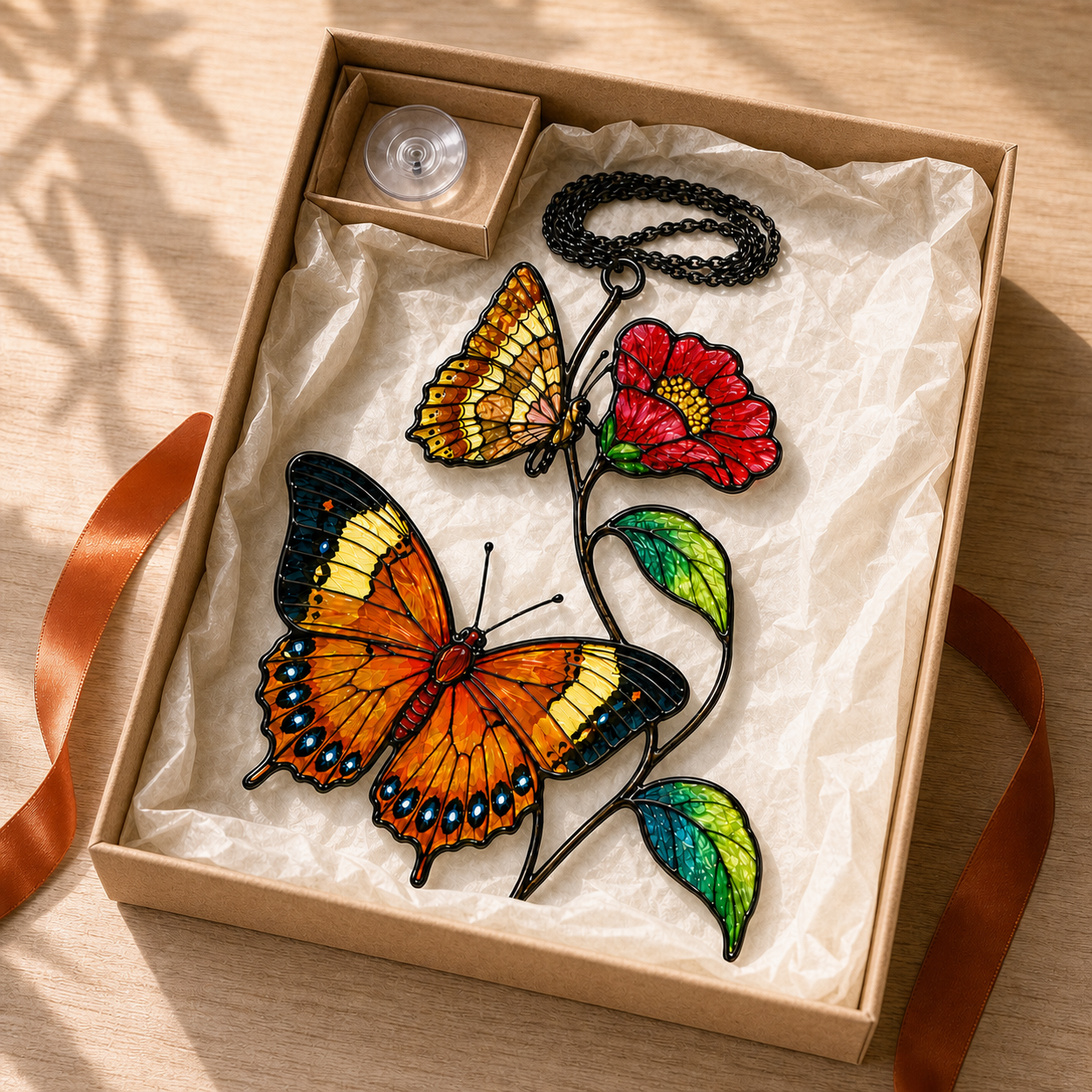 Orange butterflies red blossom suncatcher gift box with ribbon