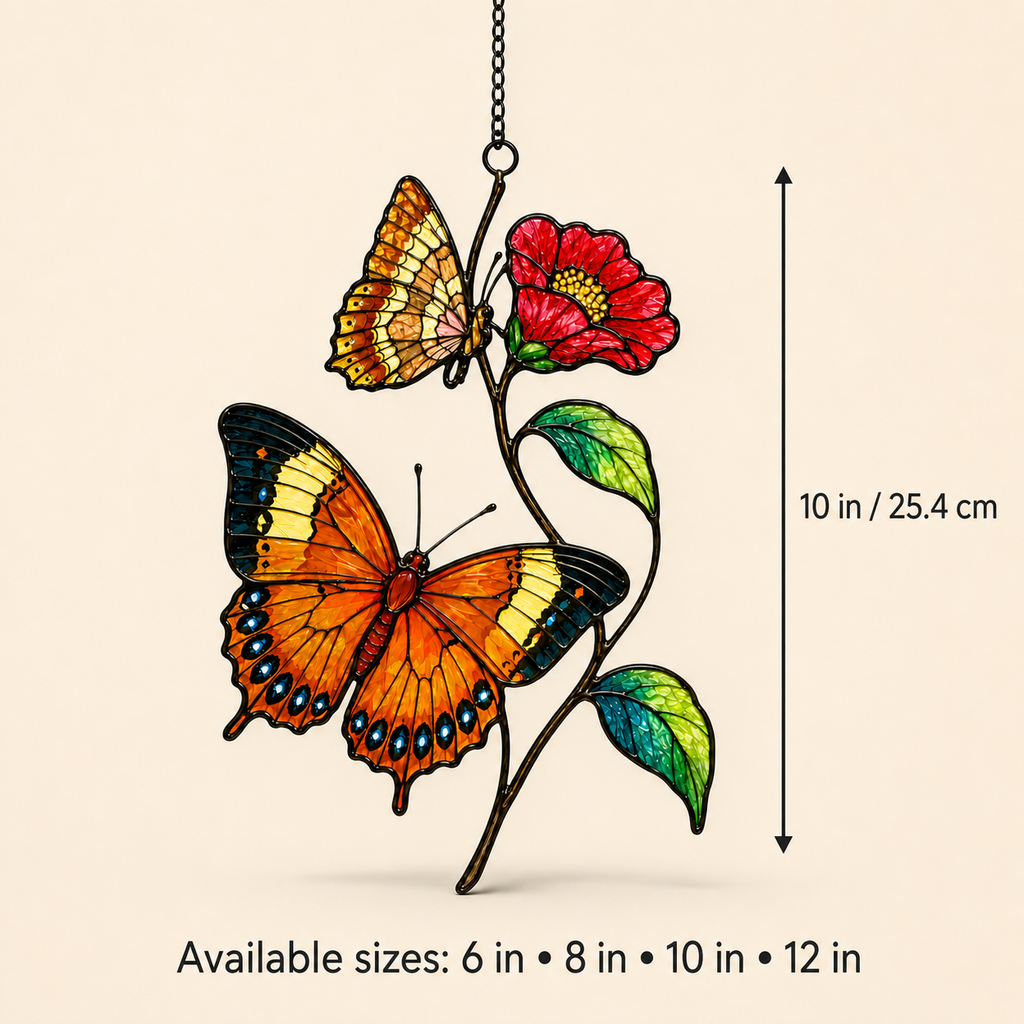 Orange butterflies red blossom suncatcher 10 inch size with available sizes