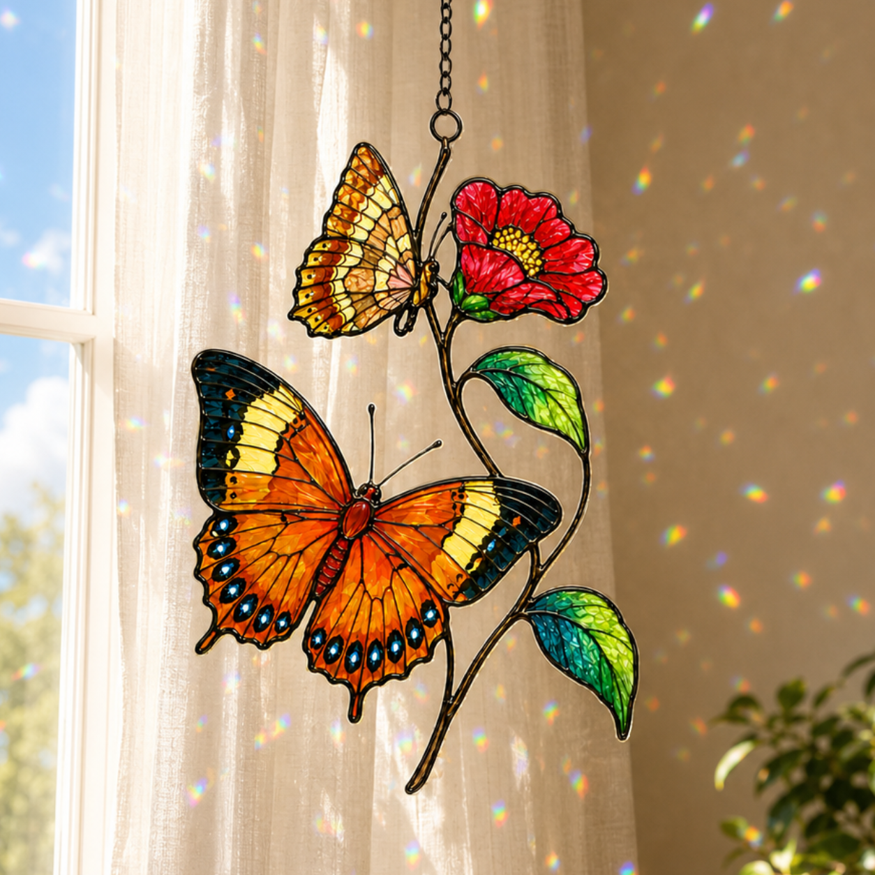 Orange butterflies red blossom suncatcher with rainbow sparkles