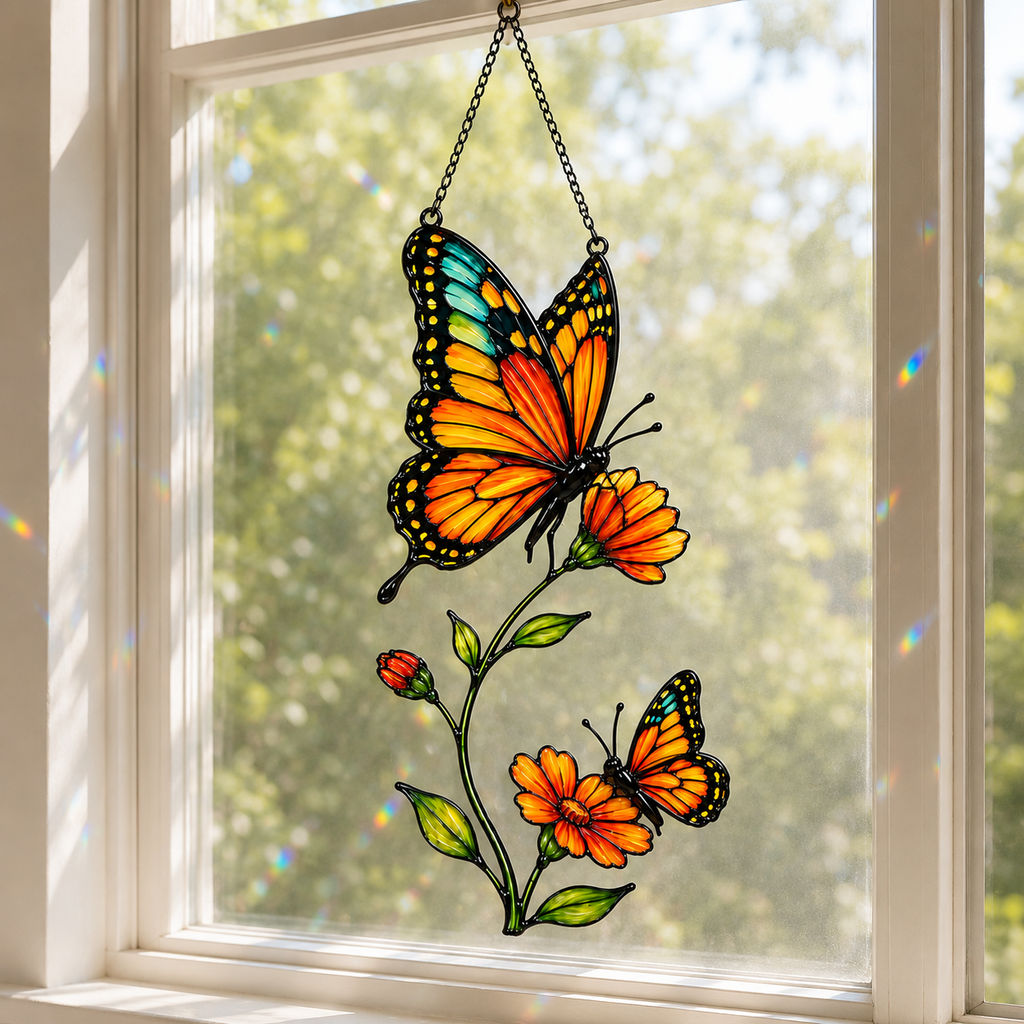 Monarch butterfly and orange cosmos holographic acrylic suncatcher in a sunlit window