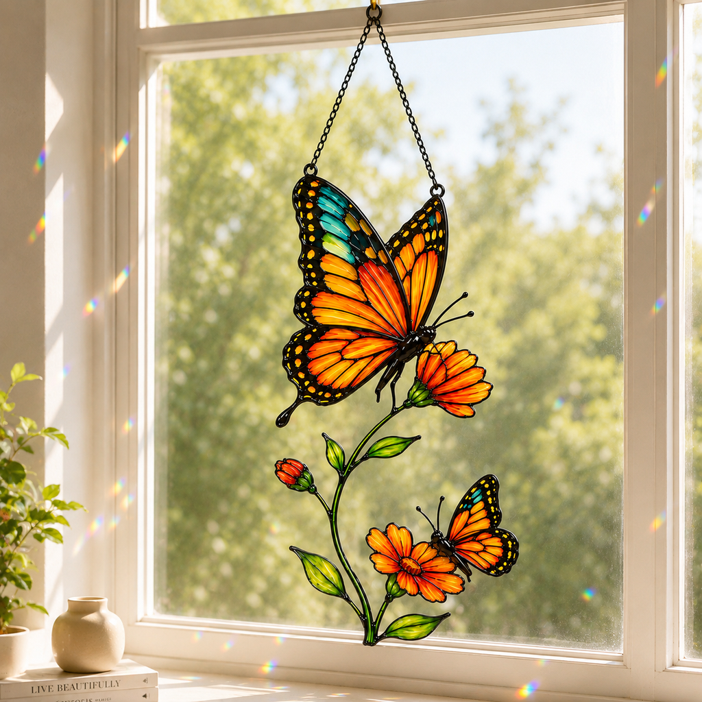 Monarch butterfly cosmos suncatcher hanging in a bright window