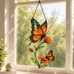 Monarch butterfly cosmos suncatcher hanging in a bright window