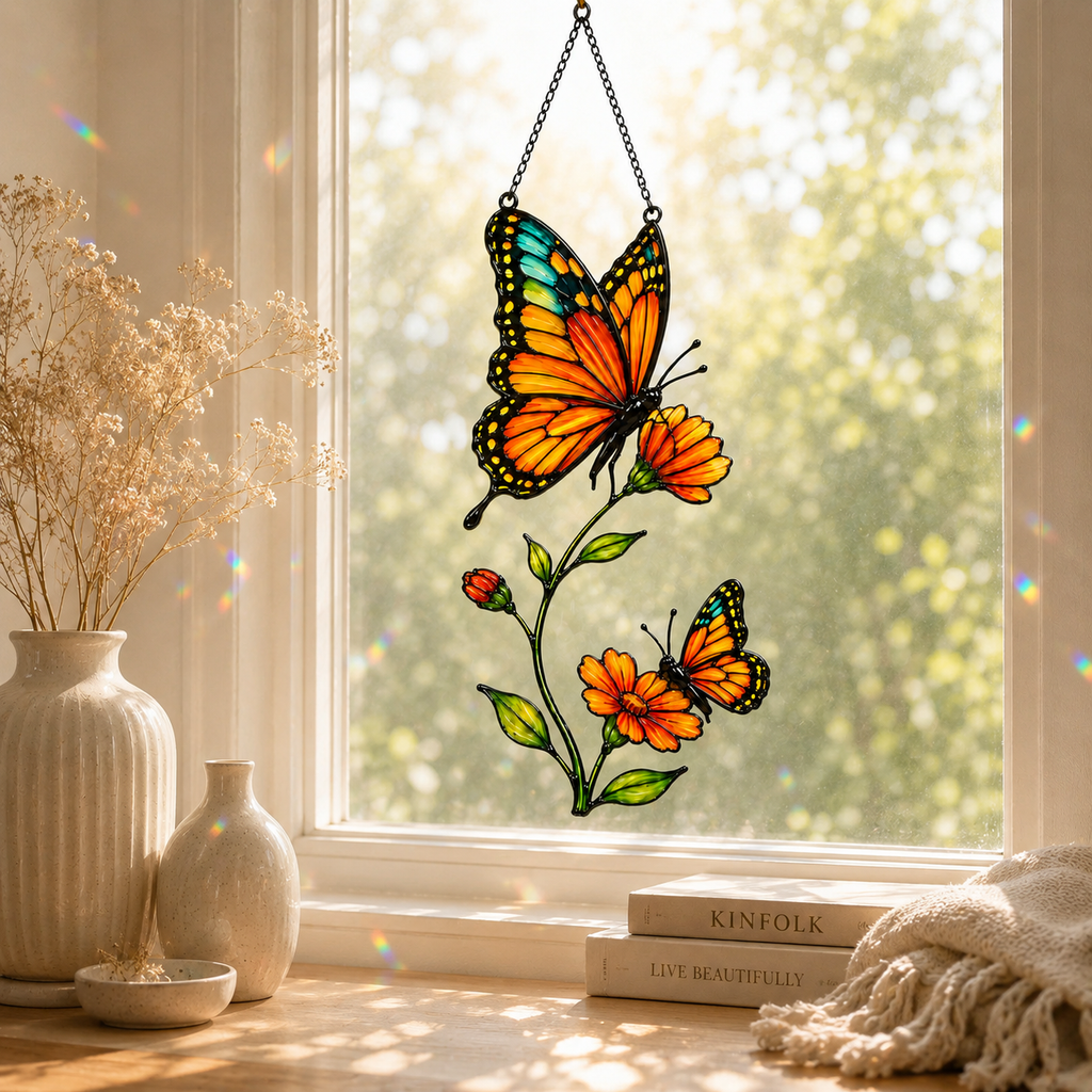 Monarch butterfly cosmos suncatcher with dried flowers decor