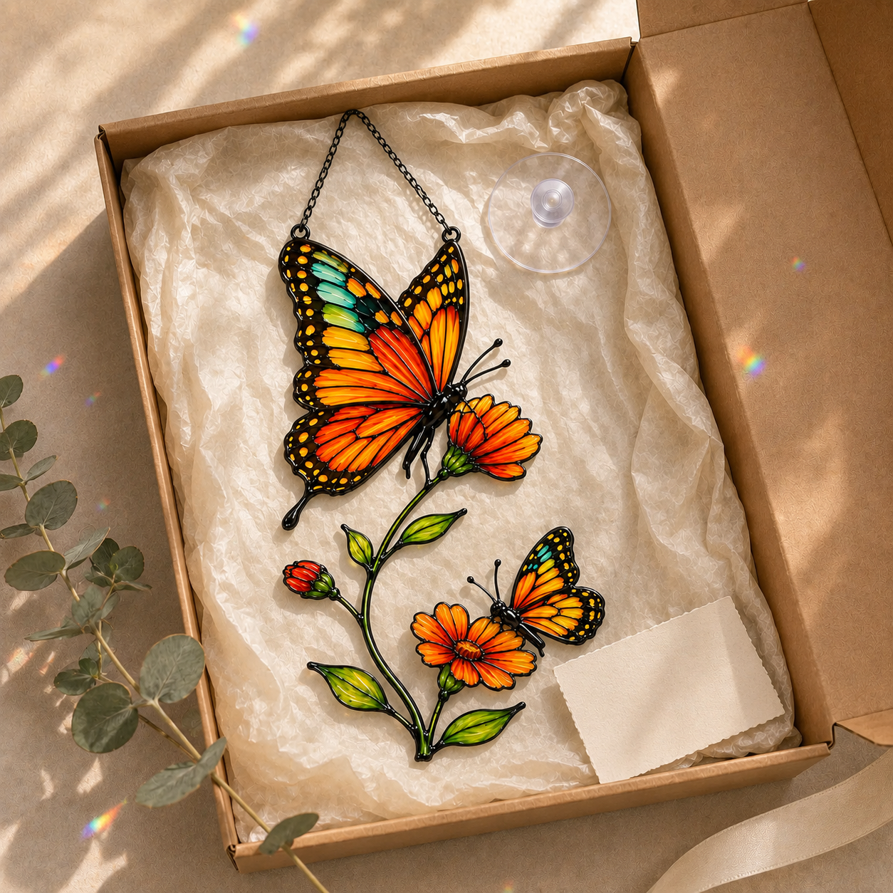 Monarch butterfly cosmos suncatcher gift box packaging