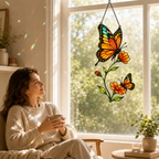 Monarch butterfly cosmos suncatcher by a cozy reading window
