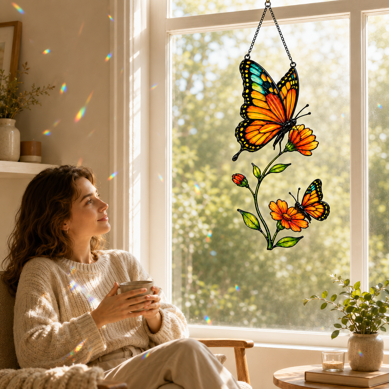 Monarch butterfly cosmos suncatcher by a cozy reading window