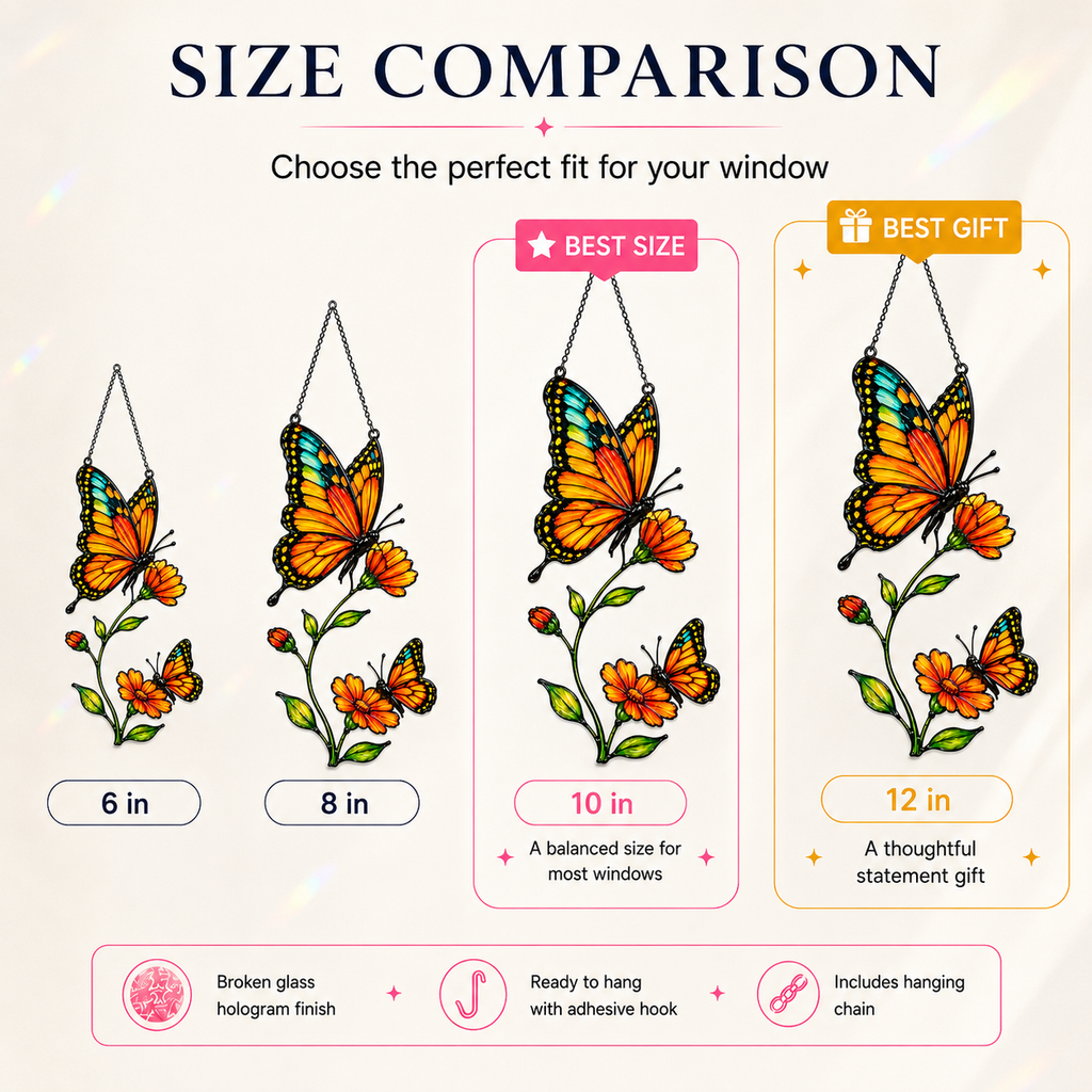 Monarch butterfly cosmos suncatcher size comparison 6 8 10 12 inch