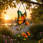 Monarch butterfly cosmos suncatcher in a garden at sunset