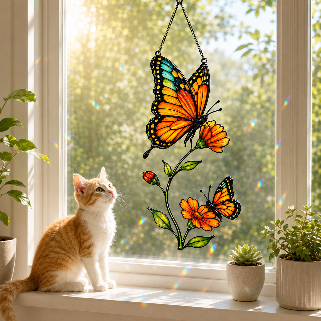 Cat admiring monarch butterfly cosmos suncatcher on a windowsill