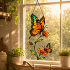 Monarch butterfly cosmos suncatcher above a kitchen window