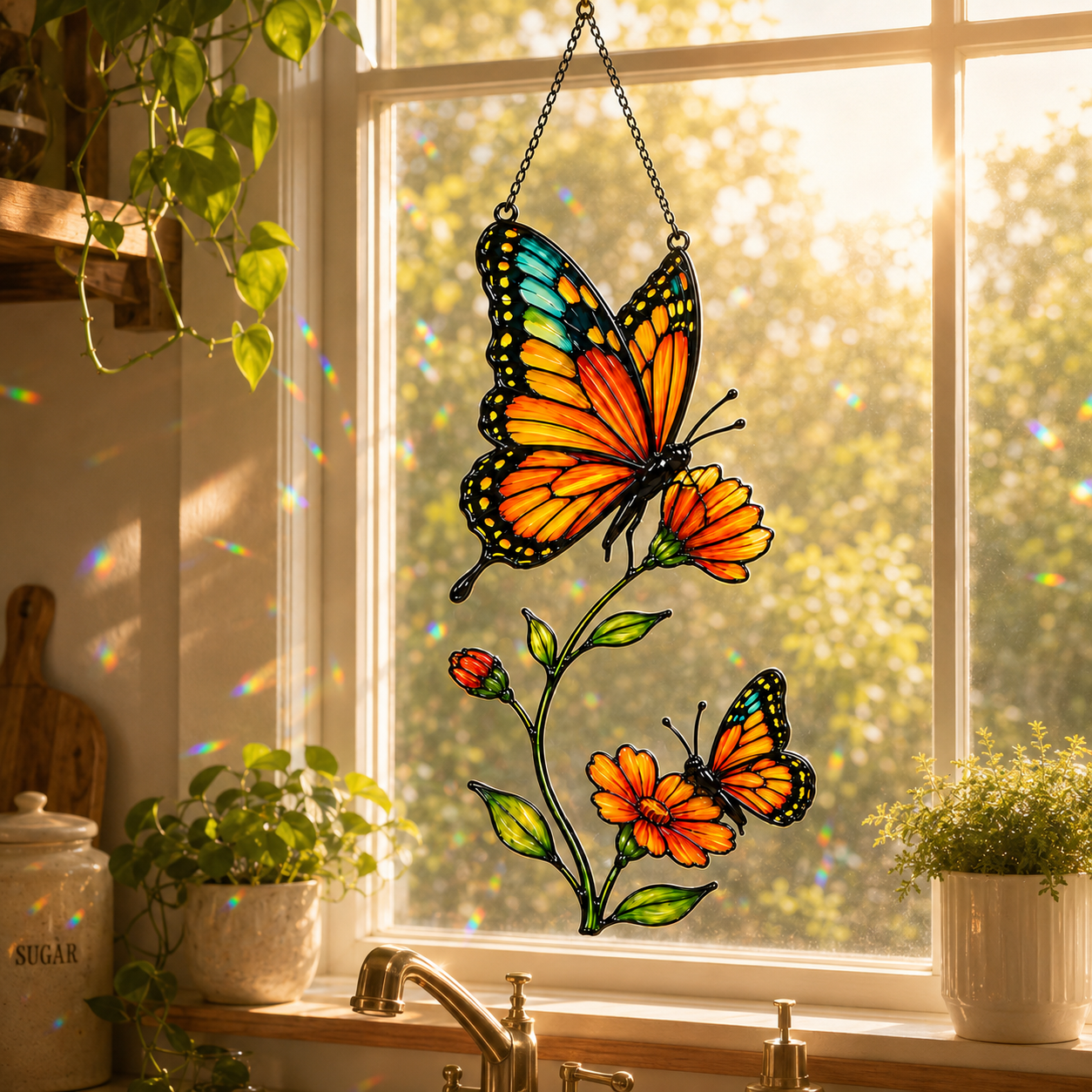 Monarch butterfly cosmos suncatcher above a kitchen window