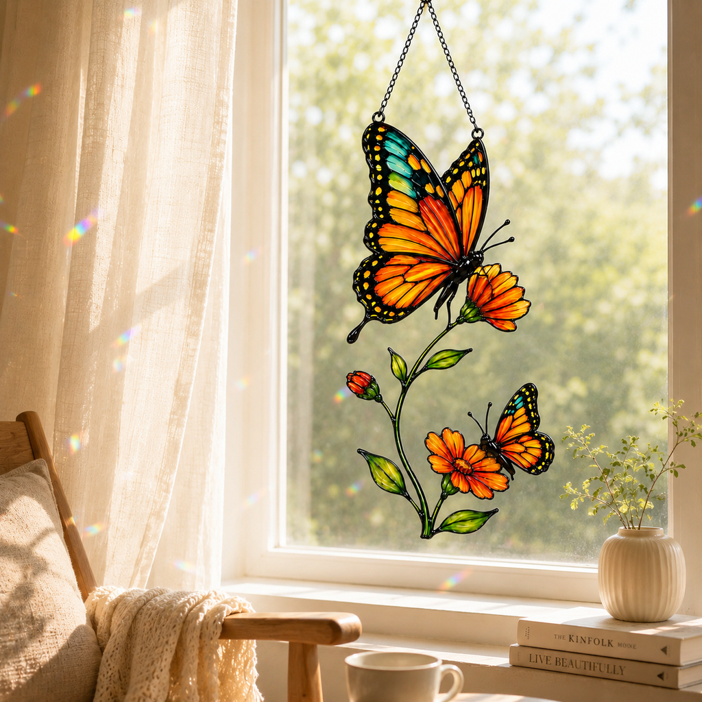 Monarch butterfly cosmos suncatcher in a bright living room window