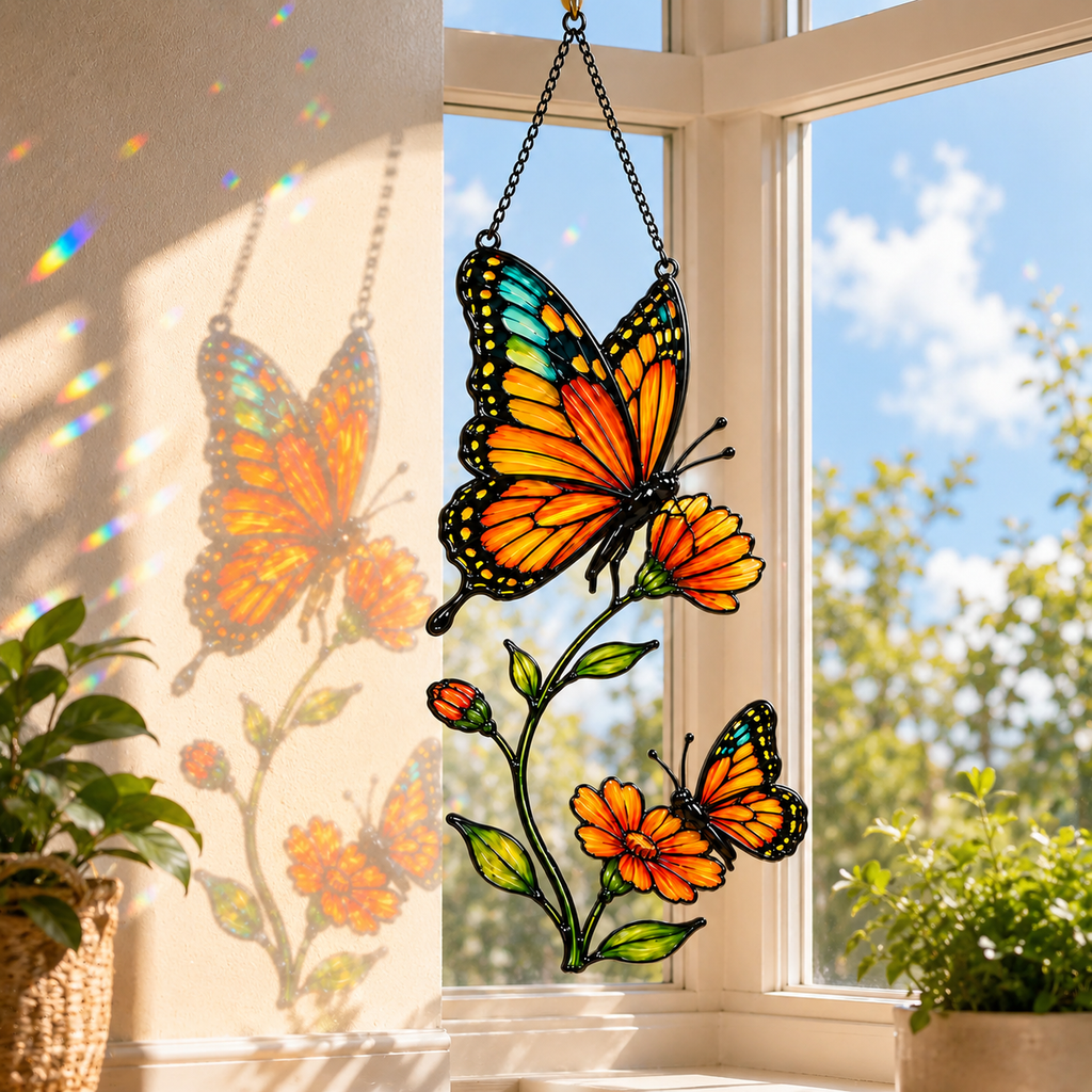 Monarch butterfly cosmos suncatcher casting colorful shadows
