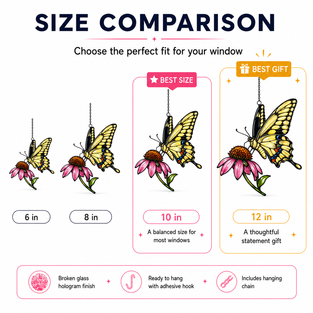 Swallowtail butterfly coneflower suncatcher size comparison 6 8 10 12 inch