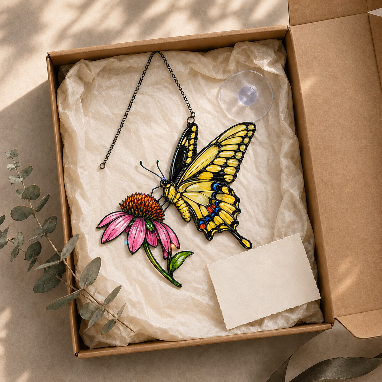 Swallowtail butterfly coneflower suncatcher gift box packaging