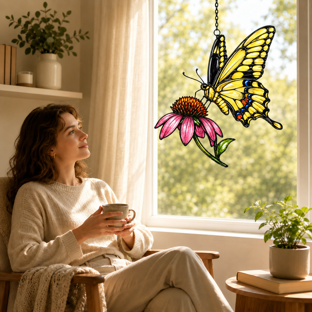 Swallowtail butterfly coneflower suncatcher by a cozy reading window