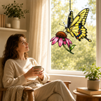 Swallowtail butterfly coneflower suncatcher by a cozy reading window
