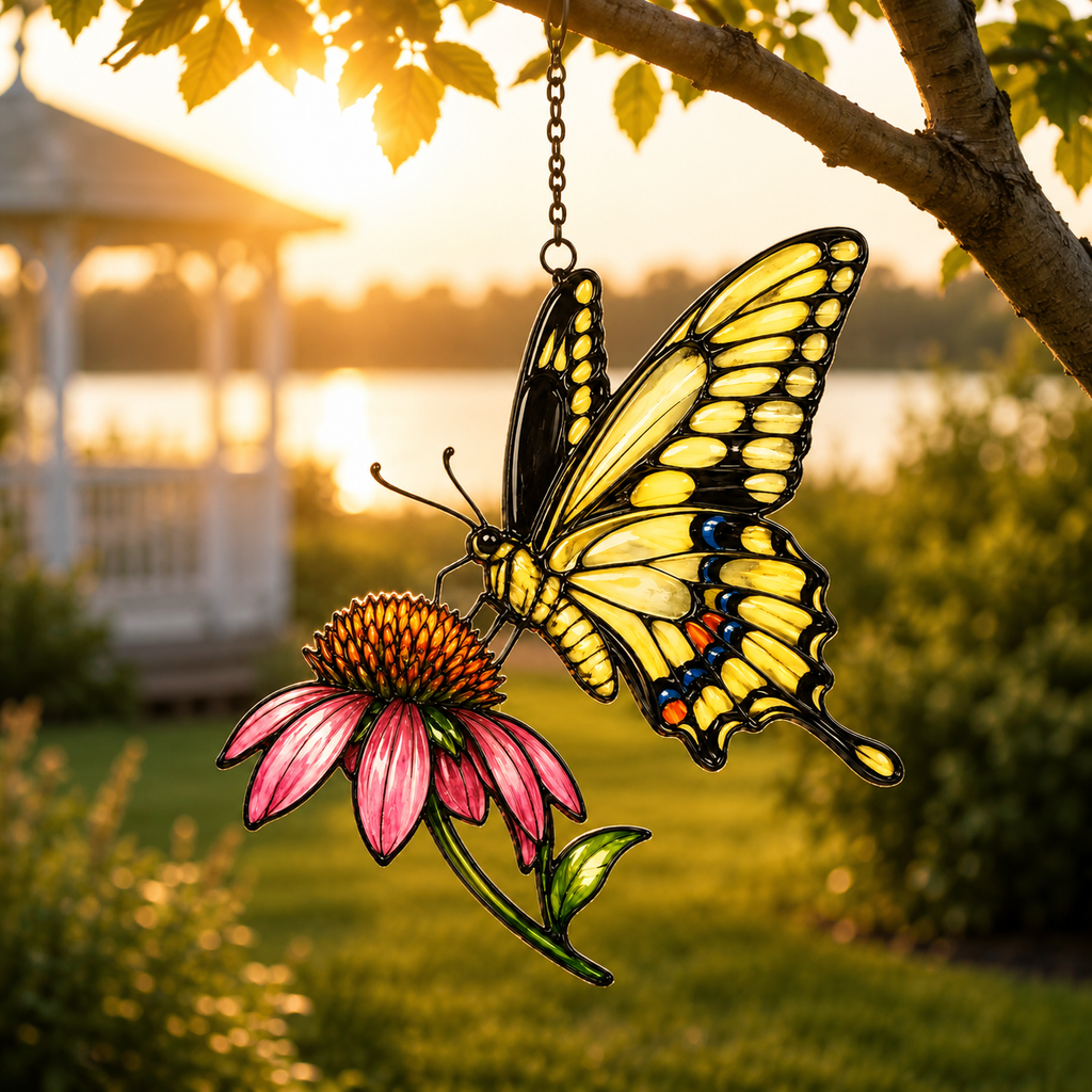 Swallowtail butterfly coneflower suncatcher in a garden at golden hour