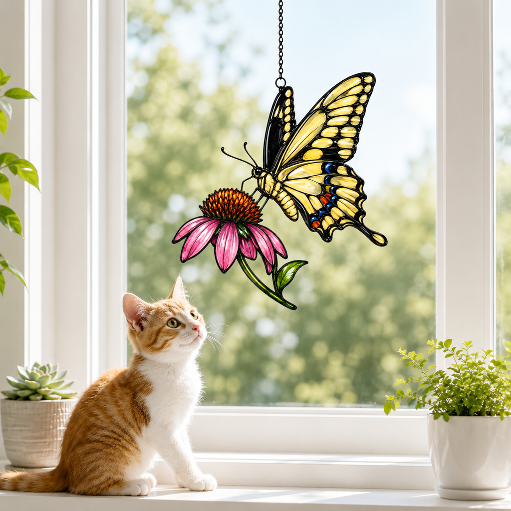 Cat admiring swallowtail butterfly coneflower suncatcher on a windowsill