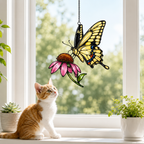 Cat admiring swallowtail butterfly coneflower suncatcher on a windowsill