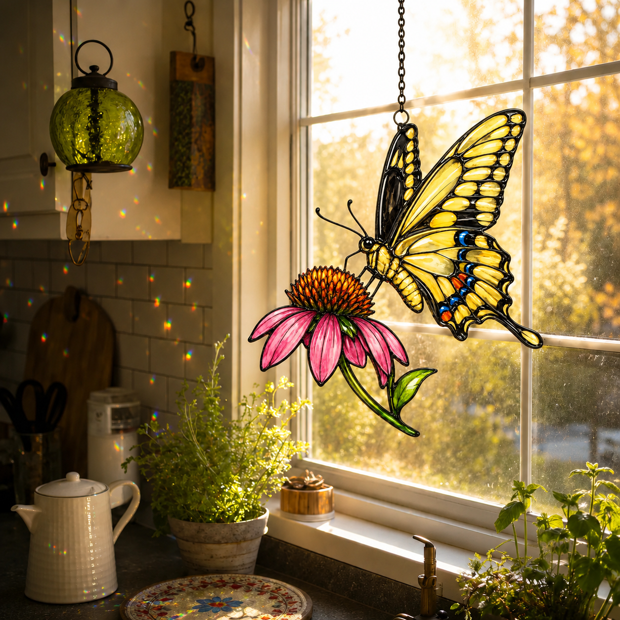 Swallowtail butterfly coneflower suncatcher above a kitchen window
